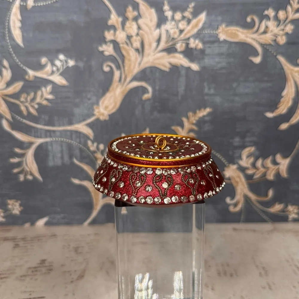 Vintage Red Jeweled Trinket Box Rhinestone Enamel Ormolu Round Casket